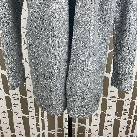 Silver Metallic Painted Wool Blend Longline Open Front Cardigan Sweater S - Picture 6 of 8